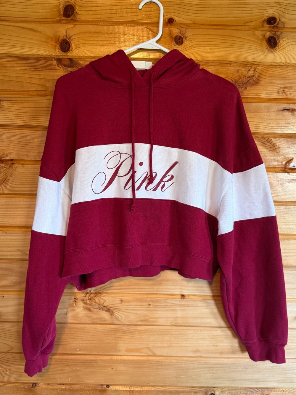 PINK Victoria's Secret Maroon and White Cropped Hoodie